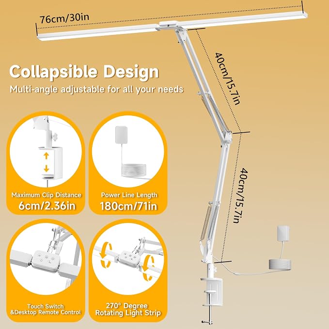 Led Desk Lamp for Home Office - 2400LM Ultra Bright Desk Light -Eye Caring Desk Lamp with Clamp - Adjustable Office Lamp with Remote Control- Easy Installation - 24W White