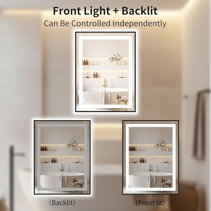22"x30" LED Bathroom Mirror with Lights, Front & Backlit, Anti-Fog | Lighted Mirror with Dimmable, Aluminum Frame, 3 Color Temperature, CRI 90+, Touch Control with Memory, HD Tempered Glass
