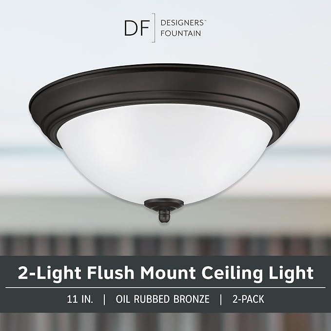 Designers Fountain Flush Mount Ceiling Light, 11 Inch Frosted Glass Lighting Fixture for Kitchen, Bedroom, Bathroom, and Hallway, LED Bulbs not Included, Oil Rubbed Bronze