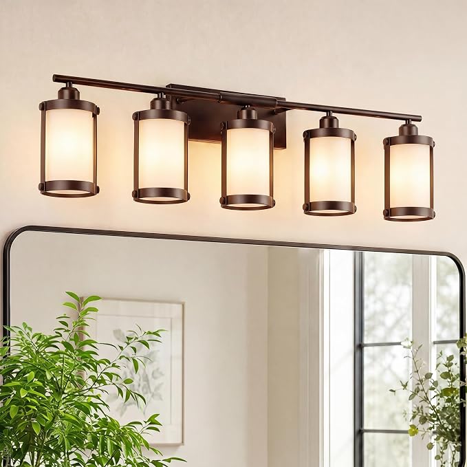 5-Light Oil Rubbed Bronze Bathroom Light Fixtures Over Mirror with Frosted Milk Glass and Metal Cage Shade, 38" UL-Listed Modern Farmhouse Wall Sconce for Bath, Hardwire E26, OS-3014ORBW-5W