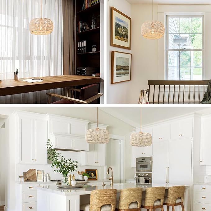 Rattan Pendant Light Fixture,Basket Chandelier Hanging Lights,Cream White Boho Drum Lighting Flush Mount Ceiling Lights Woven Wicker Chandeliers for Kitchen Island Dinning Hallway Bedroom
