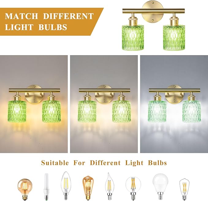 Bathroom Vanity Light, Gold Wall Fixture Over Mirror, Green Glass Shade Lighting with Bulbs Included for Bedroom & Living Room,2-Lights