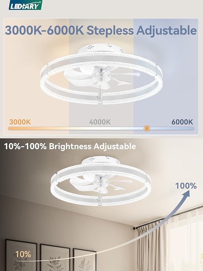 LEDIARY 20'' Low Profile Ceiling Fans with Lights and Remote, White, 2 Pack | 3000-6000K Dimmable LED, 6 Wind Speeds, Quiet Reversible DC Motor, Small Flush Mount Fandelier for Bedroom, Living Room