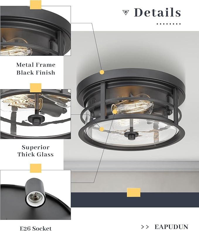 EAPUDUN Flush Mount Ceiling Light, 12inch 2-Light Metal Close to Ceiling Light Fixture, Matte Black Finish with Clear Glass Shade for Hallway Entryway Bedroom Porch FMA1412-MBK