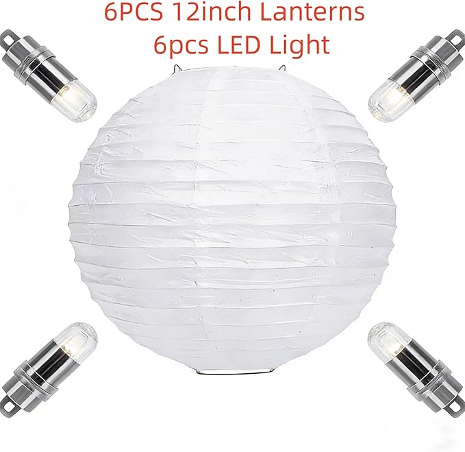6PCS White Paper Lanterns 12Inch Round with Led Light New Year's Eve Wedding Anniversary Valentines Lantern Decorative Hanging Lanterns Lamp for Birthday,Christmas Graduation Party Indoor and Outdoor