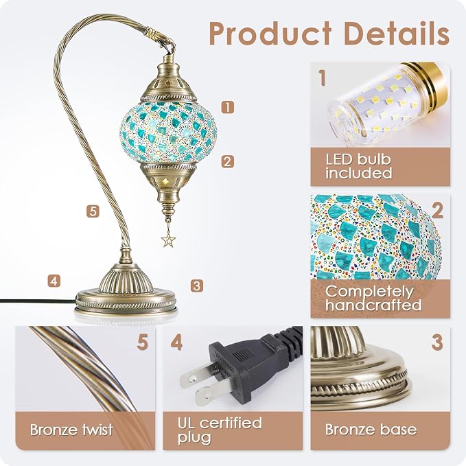 Yarra-Decor Turkish Moroccan Lamp with Bronze Base 3 Color Options Handmade Swan Neck Mosaic Glass Bedside Lamps for Bedroom (LED Bulb Included)(Colorful4)