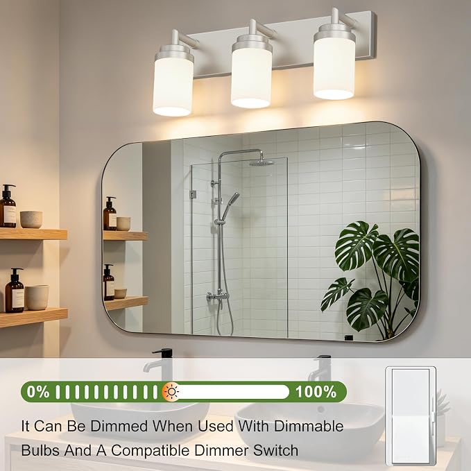 Bathroom Light Fixtures, Brushed Nickel Bathroom Lighting Fixtures Over Mirror, Modern Vanity Light with White Glass Shade, Restroom Lighting Fixtures, 3-Light 22-inch