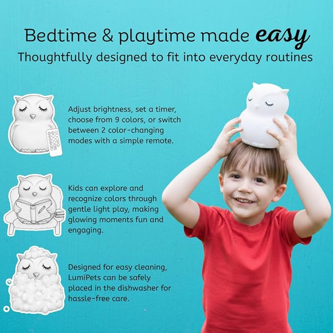 Lumipets Remote Control Silicone Night Light for Kids - Owl Design with 9 Soft Colors & Sleep Timer - Rechargeable, Battery-Operated Lamp for Bedroom | Baby Nursery, Toddler, Girls, Boys