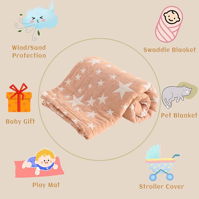 NTBAY 3 Layer Muslin Toddler Blanket, 30 x 40, Pale Orange Star | Breathable Muslin Cotton Outer Layers with Light Thermal Fill, Reversible for Stroller, Daycare, Travel, and Supervised Use