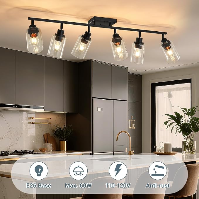 LOUSACE 6 Light Kitchen Track Light Fixtures Ceiling Vanity Lights Black, Bathroom Track Lighting Kit w/Rotatable Heads & Clear Glass Shade, Modern Wall Ceiling Tracking Light for Accent Shop Hallway