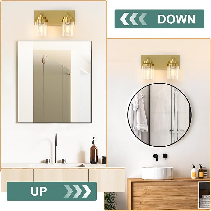 IZORRO Bathroom Vanity Light Fixture, 2-Light 15 Inch Gold Bathroom Light Fixtures Over Mirror, with White Glass Shade, Modern Farmhouse Vanity Lights, Rustic Restroom Lighting Fixtures