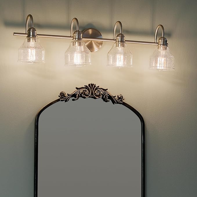 Kichler Avery 33.25" Vanity Bath Light in Brushed Nickel, Vintage 4-Light Bathroom Wall Mount Fixtured with Clear Seeded Glass, (24" W x 9.25" H), 45974NI White