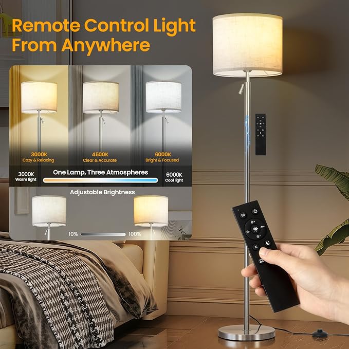 Floor Lamp Height Adjustable with Remote for Living Room and Bedroom Silver | 55"- 67" Height Adjustable Silver Standing Lamp with Dimmable 12W LED Bulb - Tall Stand Light with Shade for Corner Lighting