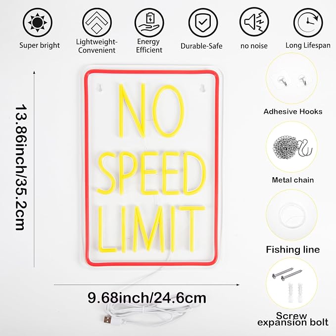 No Speed Limit Neon Sign, LED No Speed Limit Sign Light for Garage Decor | Dimmable No Speed Limit Racing Neon Sign for Car Enthusiasts Garage Decor Man Cave Workshop Bar Auto Shop Gift for Car Lovers