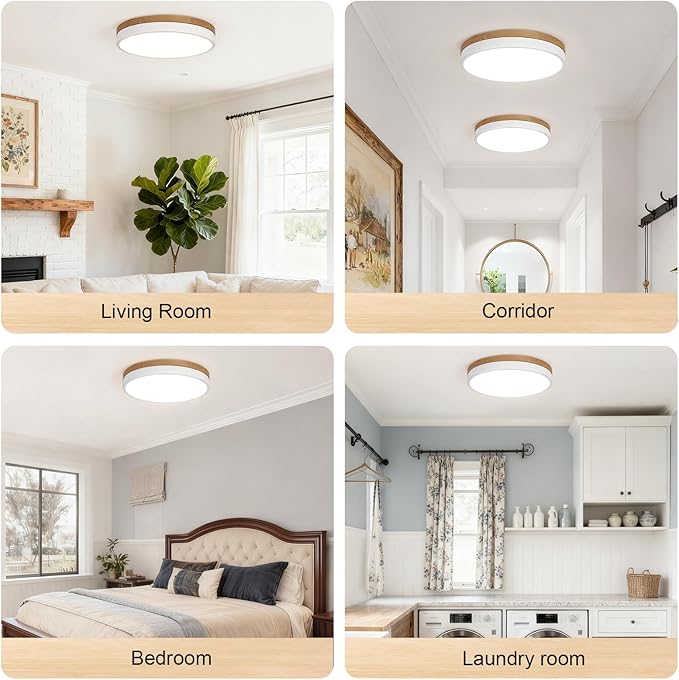 15.8 inch Dimmable Wood LED Flush Mount Ceiling Light Fixture,36W 3600LM,3000K/3500K/4000K/5000K/6000K CCT Selectable,Close to Ceiling Round Flat Panel Light for Bedroom,Hallway,Kitchen