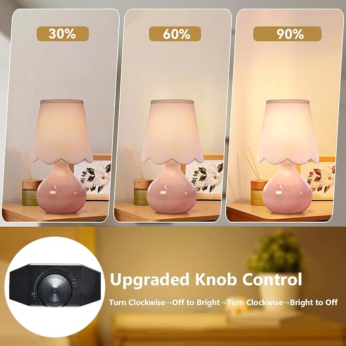 ILLMTW Pink Table Lamp Set of 2,Small Gold Bedside Lamps Dimmable Boho Bedroom Lamp with Tulip Flower Glass Lamp Shade,Vintage Mid Century Modern Mini Nightstand Lamp for Bedroom Living Room