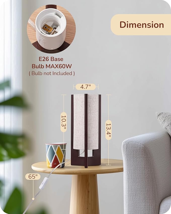 EDISHINE Wood Table Lamp, 13.5" Small Bedside Lamp, Rosewood, E26 Base | Beige Linen Shade, Cylinder Base, On-Off Line Switch, Nightstand Lamp for Bedroom, Living Room, Office
