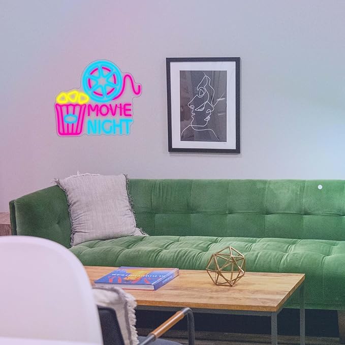 Movie Night With Popcorn Paper Box Neon Sign, Cinema LED Neon Light for Wall Decor, Movie Time Home Cinema Decor, Dimmable USB Neon Lights for Film Room Cinema Man Cave Party Birthday