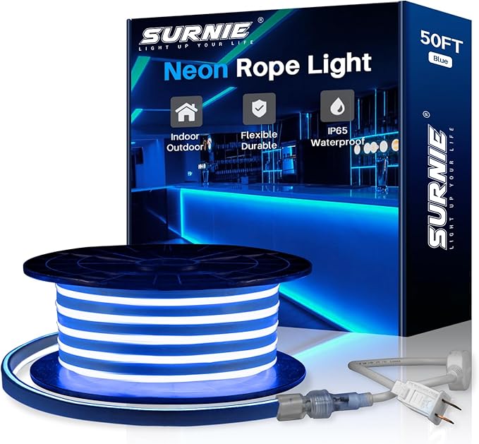 SURNIE 50ft LED Neon Rope Lights - 110V Flex Blue Neon Light Outdoor Waterproof - DIY Neon Strip Lights for Bedroom, Flexible Cuttable Connectable Indoor Outdoor, Commercial Building Use