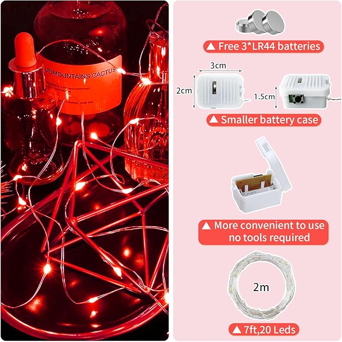 12 Pack Red Fairy Lights Battery Operated, 7ft 20 LED Mini String Twinkle Lights for Valentine's Day Easter Christmas Halloween Mason Jars Centerpiece Table Decorations (12, Red)