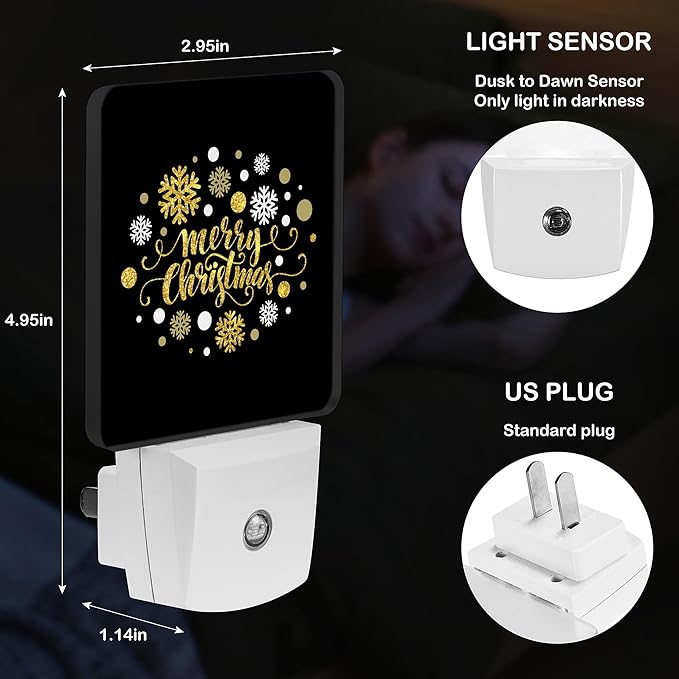 LED Night Light Lamp with Smart Sensor Dusk to Dawn Sensor,Merry Christmas Gold Glittering Night Light Daylight White,0.5W Plug-into Wall for Adults,Bedroom,Bathroom,Hallway,Kitchen