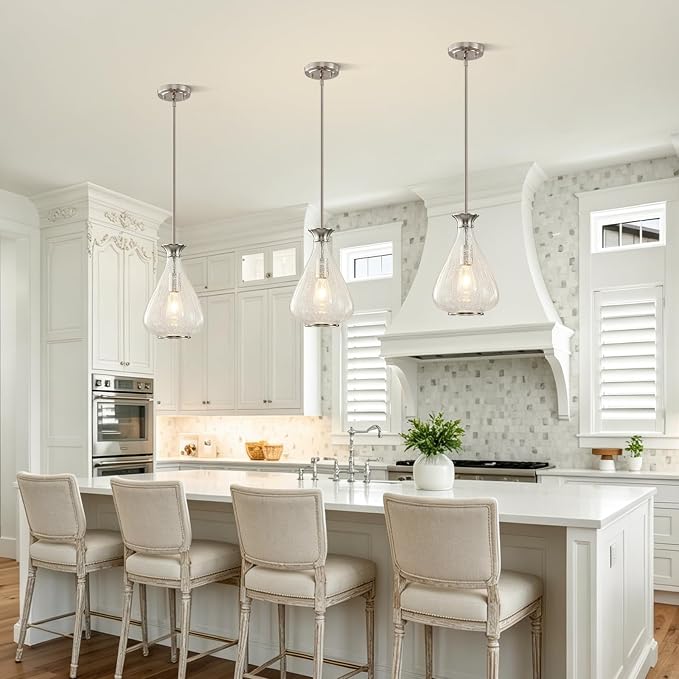 Modern Pendant Lights Kitchen Island, 1 Pack Brushed Nickel Pendant Light Fixtures with 8.5" Clear Crack Glass Shade, Industrial Hanging Pendant Lights Fixture for Kitchen Island Dining Room Entryway