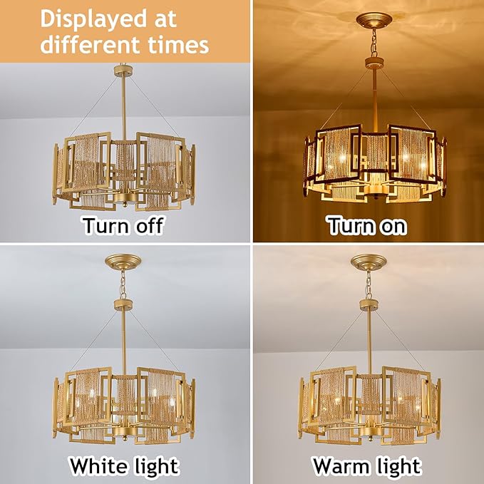 4-Light Boho Rattan Chandelier Light Fixture,Large Hand Woven Gold Pendant Light Fixture Farmhouse Rustic Hanging Light for Kitchen，Bedroom, Dining Room, Living Room, Hallway, Foyer