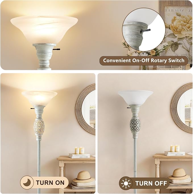 70" Torchiere Floor Lamp with NightLight, Etched Glass Shade, Bulb Included | Floor Lamps for Living Room, Bedroom, Office - vintage floor lamp with Rotary Switch , Home Decor, Bulb Included