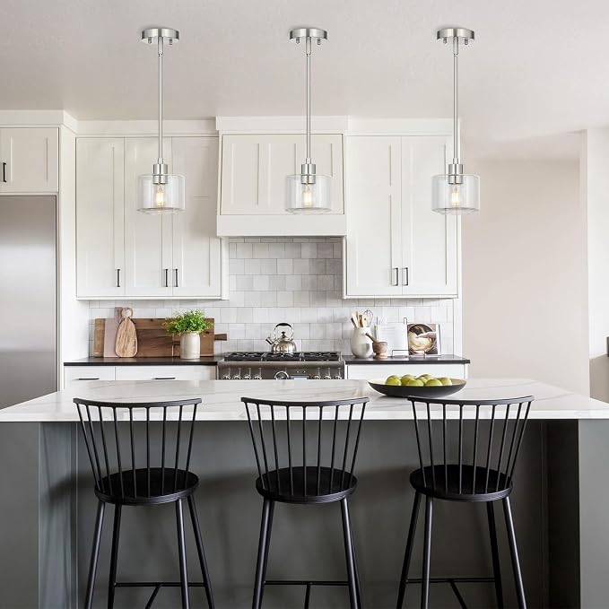 Brushed Nickel Pendant Lights Kitchen Island 2 Pack, Modern Clear Glass Hanging Light Fixtures with Rods, Mini Kitchen Pendant Lighting Over Island for Sink Bathroom, OS-YQ8153-2PBNC