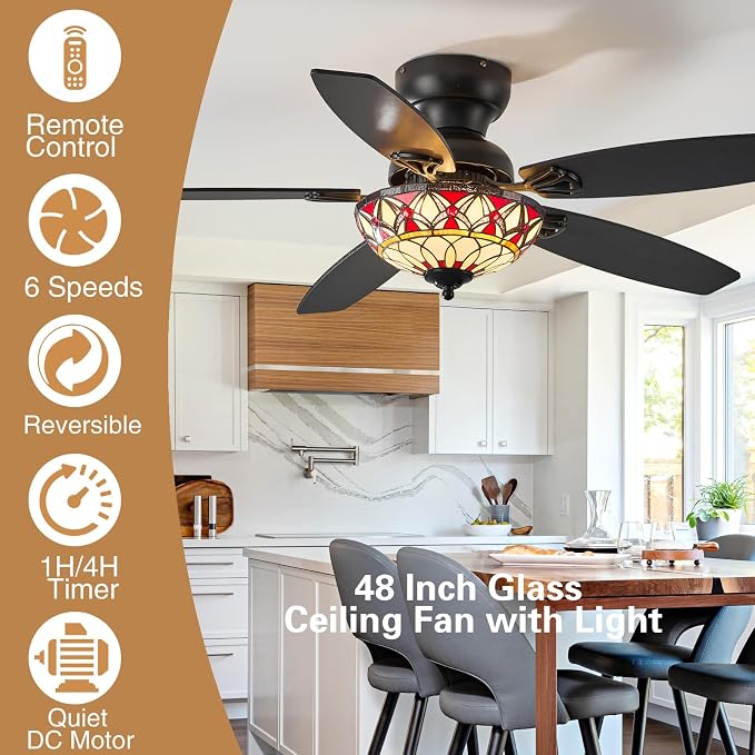 Tiffany Ceiling Fans with Lights-48"Ceiling Fan Chandelier and Glass Shade | 48" Ceiling Fan Chandelier with 5 Dual-Blades and Glass Shade, 6 Speeds and Reversible, Indoor and Outdoor, Retro Style
