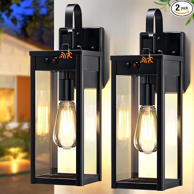 17" Solar Porch Lights Outdoor, with Motion Sensor, 2 Packs, Black | Waterproof, Motion Sensor, Dusk to Dawn, Modern Wall Sconce Lantern, For House Patio Garage