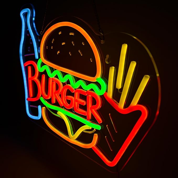 Burger & Fries Neon Sign - Retro Dimmable Fast Food LED Light, Restaurant & Dining Room Wall Decor, Snack Bar Sign, Hamburgers Party Decorations