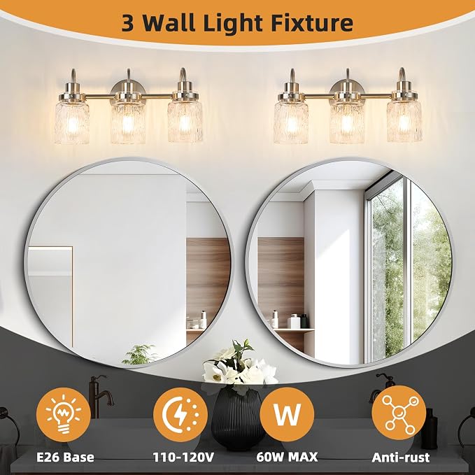 3 Lights Hammered Glass Bathroom Vanity Light,Brushed Nickel | Easy Installation,Up or Down,Farmhouse Modern Style,E26 Socket,ETL Certification