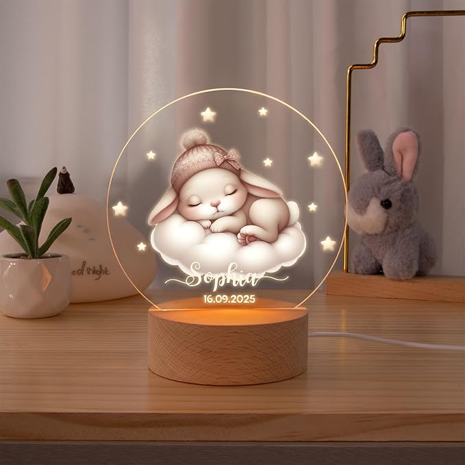 Personalized Sleeping Animals Night Light for Kids, Custom Name and Date LED Light with Wooden Base Nursery Decor Christmas Gift for Kids