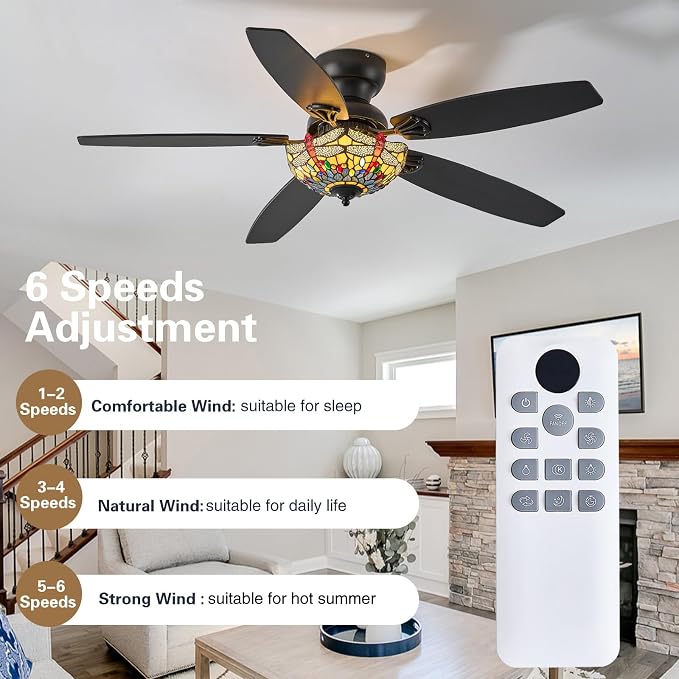 Tiffany Ceiling Fans with Lights-52"Ceiling Fan Chandelier and Glass Shade | 52" Ceiling Fan Chandelier with 5 Dual-Blades and Glass Shade, 6 Speeds and Reversible, Indoor and Outdoor, Retro Style