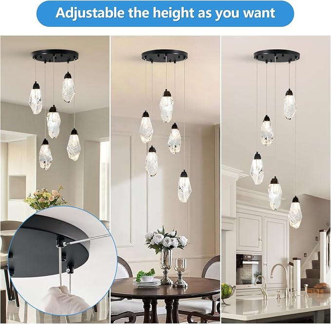 5-Light Modern Crystal Chandelier Dimmable Pendant Light Fixture with Black Teardrop Design Diamond Pendant Lighting for Kitchen Island, Dining Room, Hallway, Bathroom