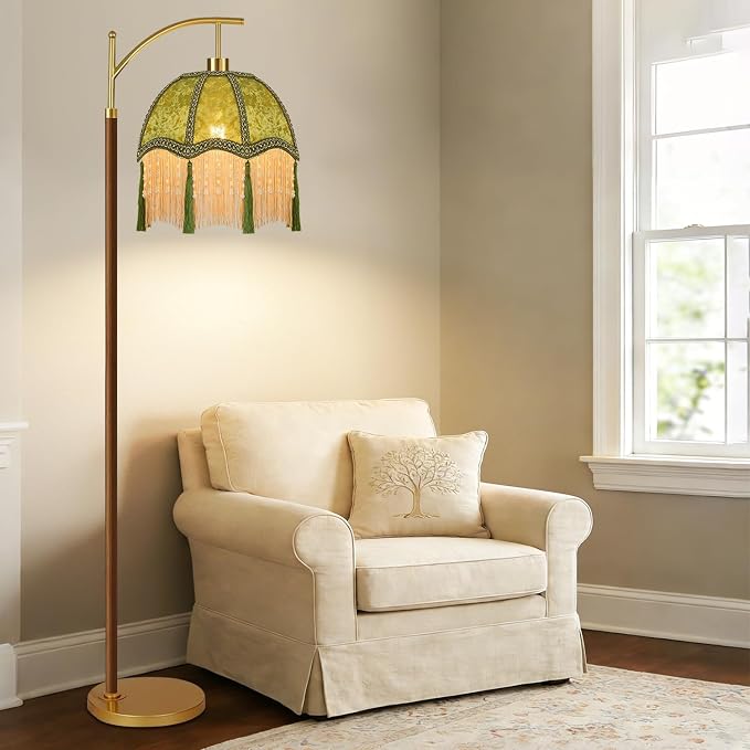 Wood Floor Lamps for Living Room Arc Boho Floor Lamp with Remote Control &3 Color Temperature,Vintage Green Floor Lamp Flower Mid Century Modern Standing Lamp Fringe Tall Floor Lamp for Bedroom Corner