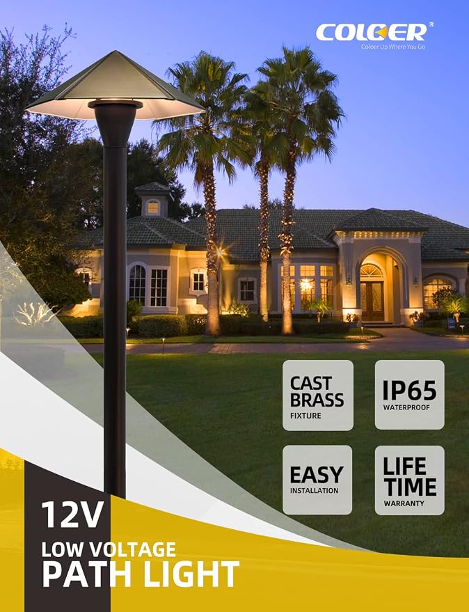 COLOER 4-Pack Brass12V Low Voltage Garden Path Lights Outdoor(605B) | with 2W 2700K 180LM LED G4 bulb, 7.9" Shade 23.2" Tall, Bronze, Heavy Duty LED Pathway Lights Outdoor Wired