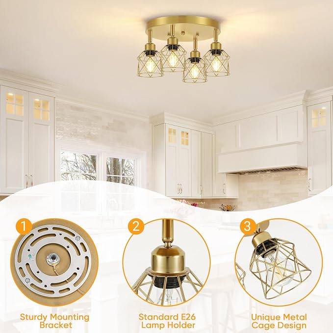 Baocuz 4-Light Brushed Gold Kitchen Light Fixtures Ceiling Mount, Adjustable Flush Mount Ceiling Light, Farmhouse Close to Multi-Directional Lamp for Kitchen, Hallway, Dining Room