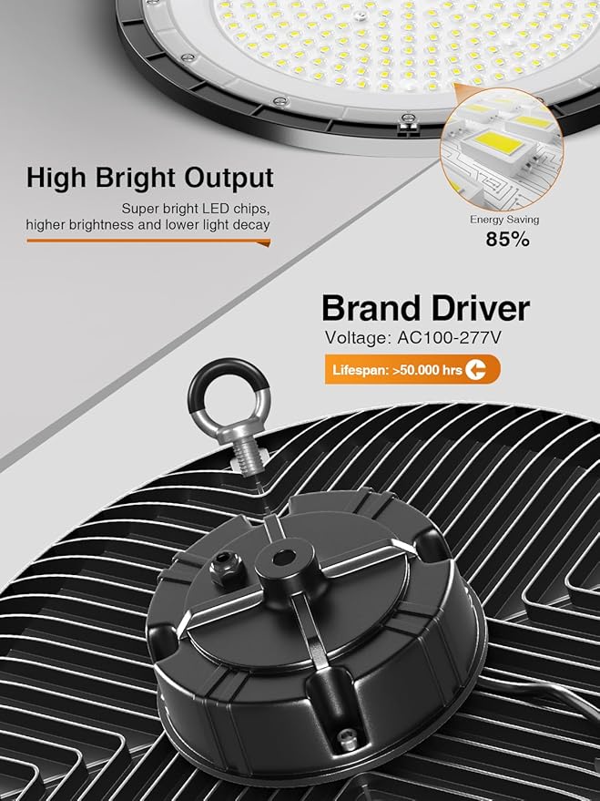 UFO High Bay Light 200W 5000K 30000LM 150LM/W (Eqv.800W Mh/Hps/Hid) Including Safe Rope and Plug 5ft Cable Shop Lights for Garage led Super Bright, Easy Install High Bay Lights 10Pack