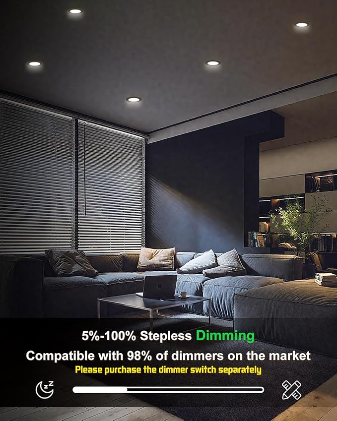 zouzai 24 Pack 6 Inch Black 5CCT Reset Ultra-Thin LED Recessed Ceiling Light with Junction Box, 2700K/3000K/3500K/4000K/5000K Selectable, 12W Eqv 110W,Dimmable- ETL and Energy Star Certified