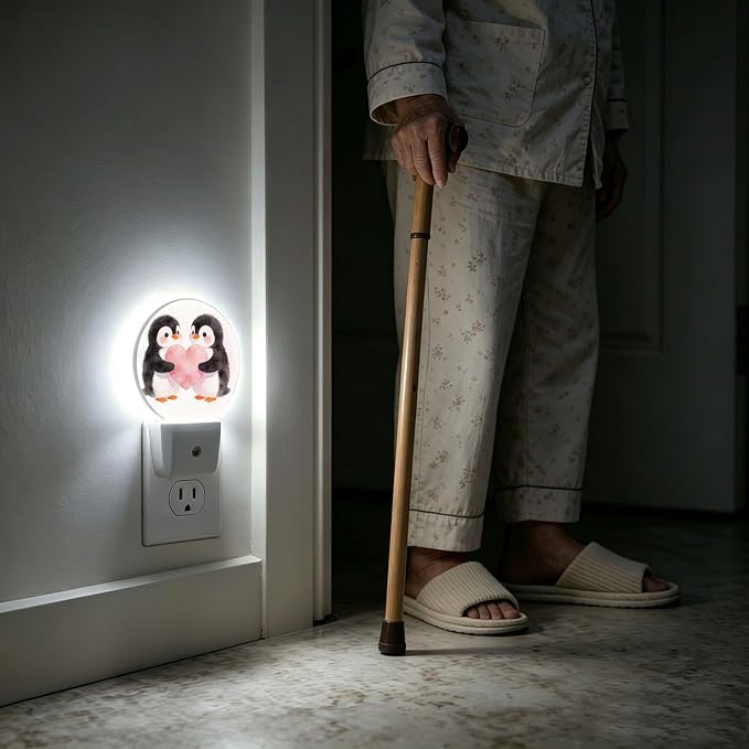 Night Lights Plug into Wall Cute Penguin Pink Heart Night Light Auto Sensor | Animal Romance Plug in Night Lights for Wall Socket with Dusk-to-Dawn Sensor for Bedroom, Bathroom and Living Room
