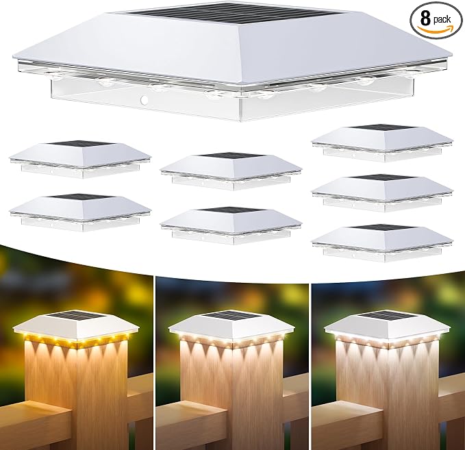 8 Pack 4x4 Solar Post Light, 3 Modes Wooden Vinyl Fence Cap, White | 3 color temperatures, Waterproof LED Solar Post Lights, Patio Porch Decor, Only Fit Two True Size Post: 3.5''x3.5'', 4''x4''