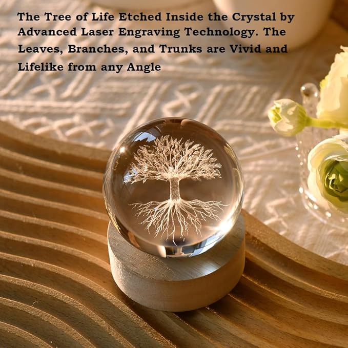 3D Tree of Life Crystal Ball 60mm Life Tree Globe Decor Tree Life Sphere Glass Decorative Ball Tree of Life Gifts for Women with Colorful Light Base