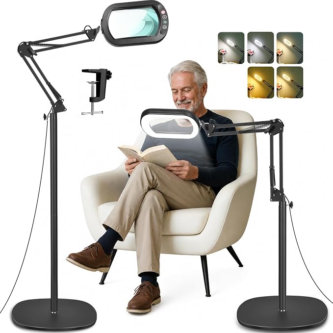 IVMAIE 12X Magnifying Glass with Light and Stand, Real Glass Lens, 5 Color Modes LED Dimmable Lighted, 3-in-1 Floor Lamp with Clamp, Hands Free Magnifier for Reading, Craft Painting Close Work, Black