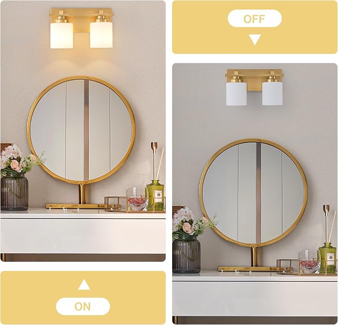 Modern Bathroom Light Fixtures Over Mirror, Vanity Lights for Bathroom Wall Sconces with Milky White Glass Shades, E26 Socket (Bulbs Not Included), 2 Light, Brass