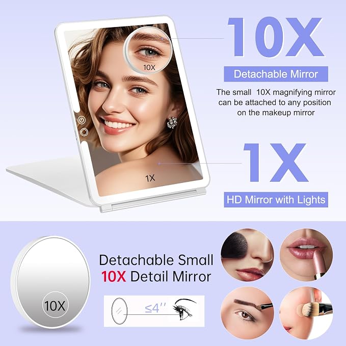 FUNTOUCH 2500mAh Large Rechargeable Travel Makeup Mirror with Light | Portable Makeup Mirror with 10X Magnifying Mirror 3 Lighting Modes, Dimmable Touch,Tabletop Travel Mirror with Storage Bag