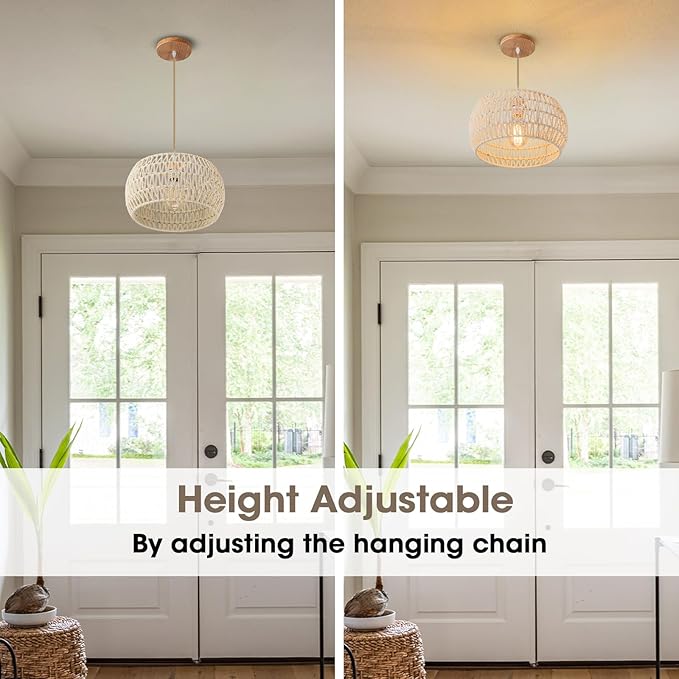 Rattan Pendant Light Fixture,Basket Chandelier Hanging Lights,Cream White Boho Drum Lighting Flush Mount Ceiling Lights Woven Wicker Chandeliers for Kitchen Island Dinning Hallway Bedroom