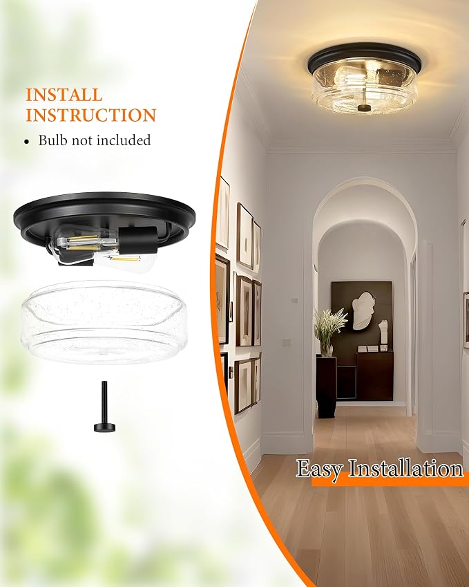 Flush Mount Ceiling Light Fixture, 2-Light Black 12 Inch Farmhouse | Industrial Seeded Glass Shade , Light Fixtures Ceiling Mount, for Kitchen Hallway Bedroom Bathroom Entryway Foyer