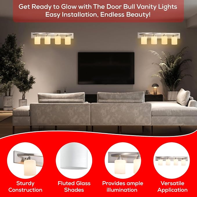 4-Light Bathroom Vanity Bar Light Fixture - Brushed Nickel | Modern Frosted glass shades with E26 socket. Matte Wall sconce lighting perfect over mirror, kitchen, hallway, or entryway